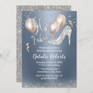Fabulous 50 Dusty Blue & Silver Girl 50th Birthday Invitation