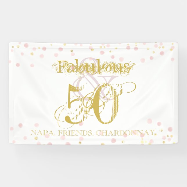 Fabulous & 50 Elegant Birthday Gold Pink Confetti  Banner (Horizontal)