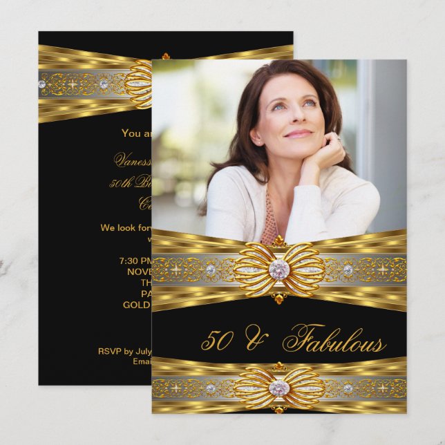 Fabulous 50 Elegant Diamond Gem Gold Black Photo 4 Invitation (Front/Back)
