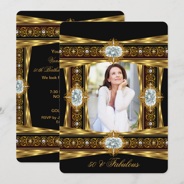 Fabulous 50 Elegant Diamond Gem Gold Black Photo 8 Invitation (Front/Back)