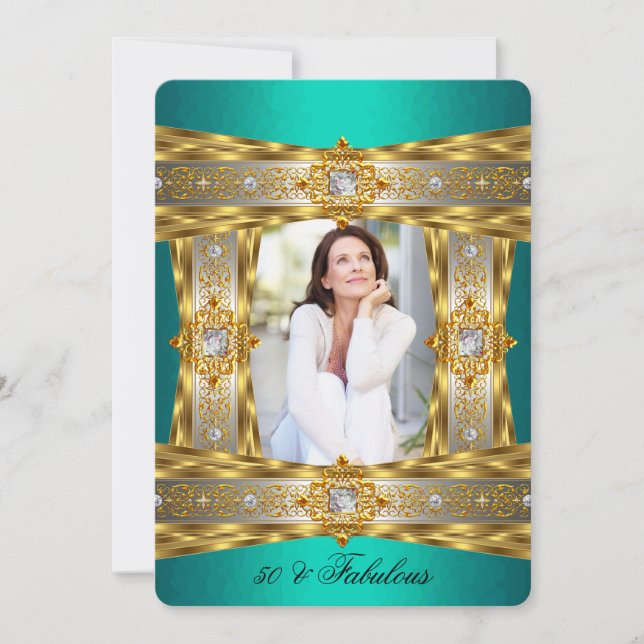 Fabulous 50 Elegant Diamond Gem Gold Jade Photo Invitation (Front)