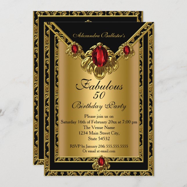 Fabulous 50 Elegant Gold Damask Red Gem Birthday Invitation (Front/Back)
