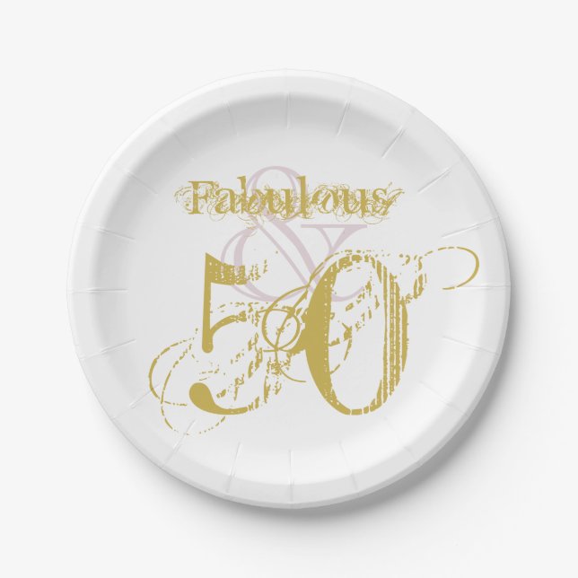 Fabulous & 50 Elegant Gold Pink Birthday  Paper Pl Paper Plate (Front)