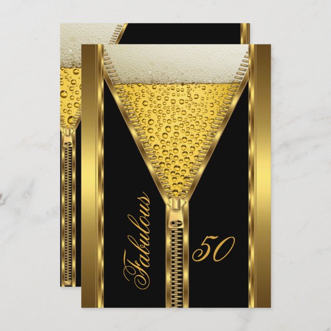 Fabulous 50 Elegant Zipper Gold Beer Drink 2 Invitation (Front/Back)