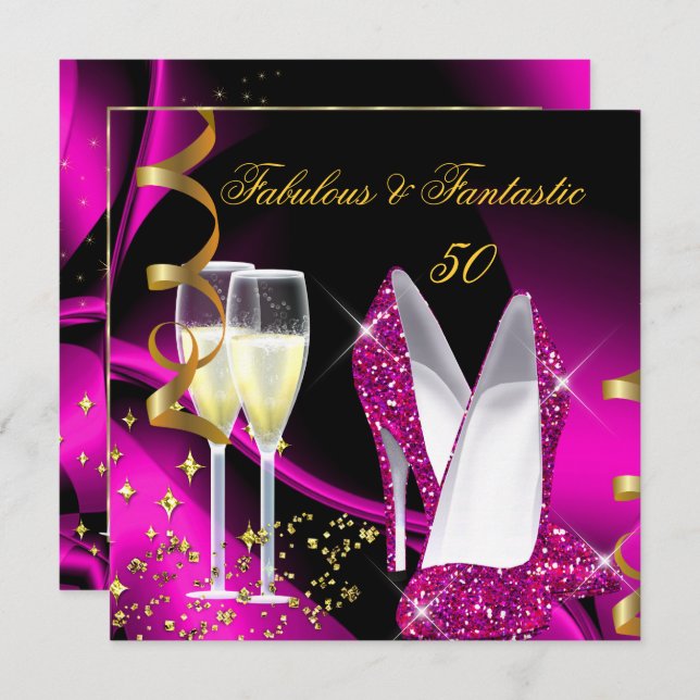 Fabulous 50 Fantastic Abstract Pink Gold Birthday Invitation (Front/Back)