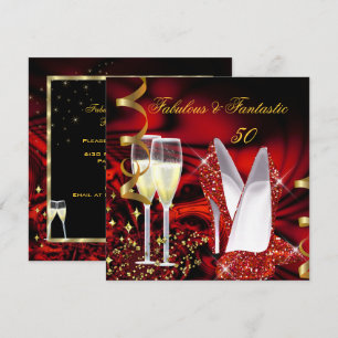 Fabulous 50 Fantastic Abstract Red Gold Birthday Invitation