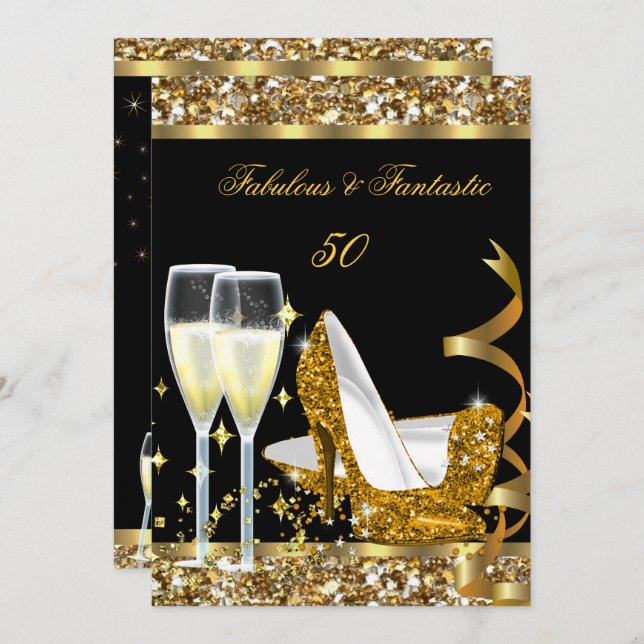Fabulous 50 Fantastic Birthday Party Gold Black Invitation (Front/Back)
