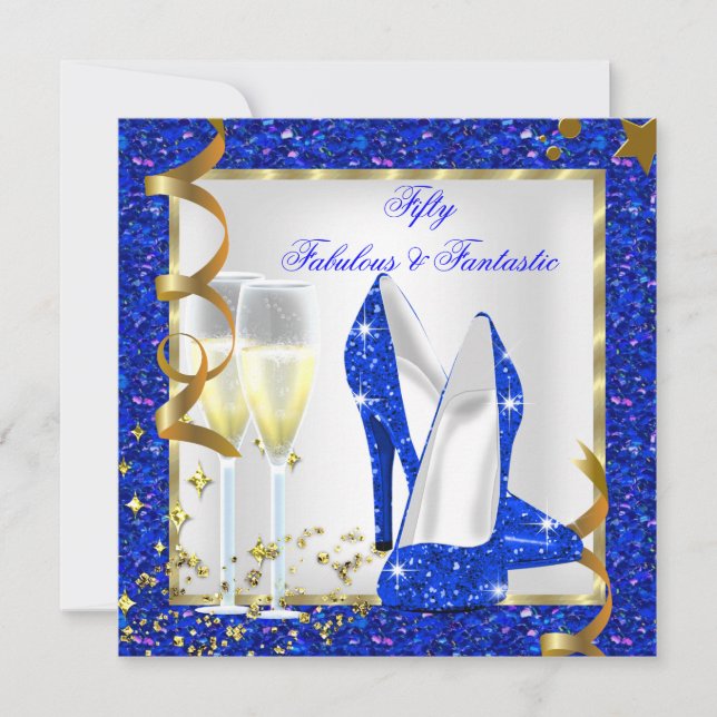 Fabulous 50 Fantastic Blue White Gold Birthday Invitation (Front)