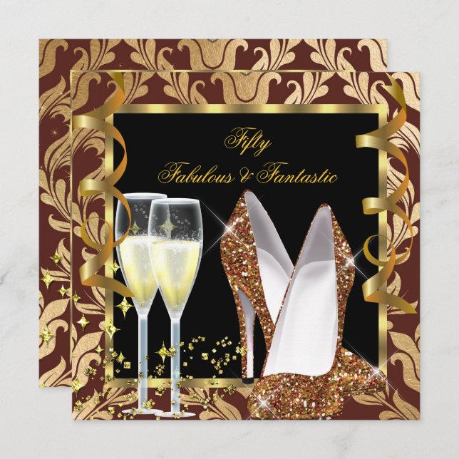 Fabulous 50 & Fantastic Brown Gold Damask Party Invitation (Front/Back)