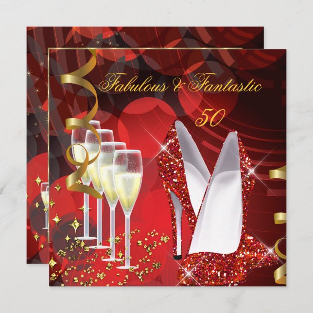 Fabulous 50 Fantastic Champagne Red Gold Birthday Invitation (Front/Back)