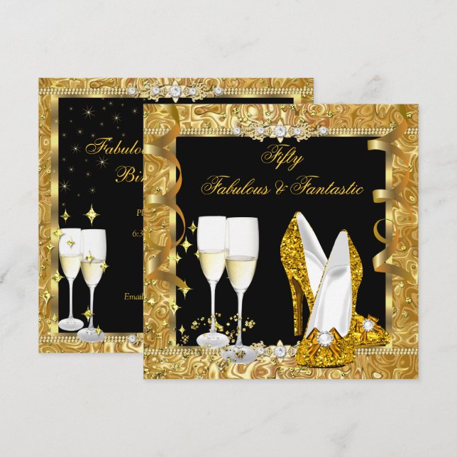 Fabulous 50 Fantastic Gold Black Birthday Party 2 Invitation (Front/Back)