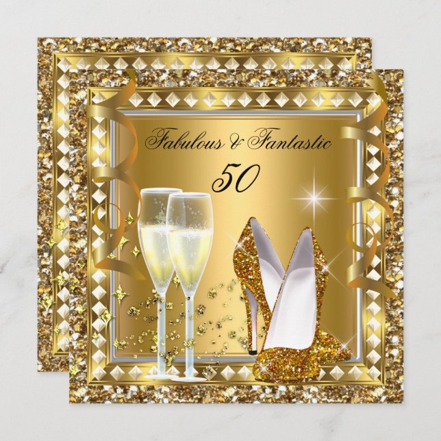 Fabulous 50 & Fantastic Gold Glam Silver Birthday Invitation (Front/Back)