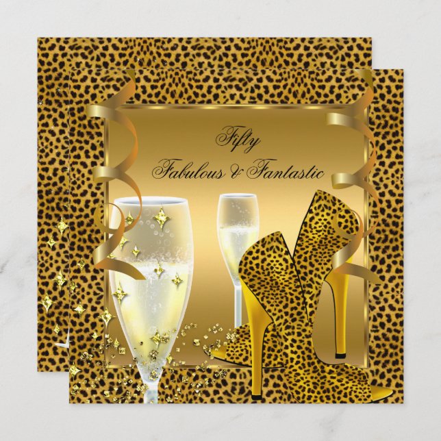 Fabulous 50 & Fantastic Leopard Black Gold Party 2 Invitation (Front/Back)