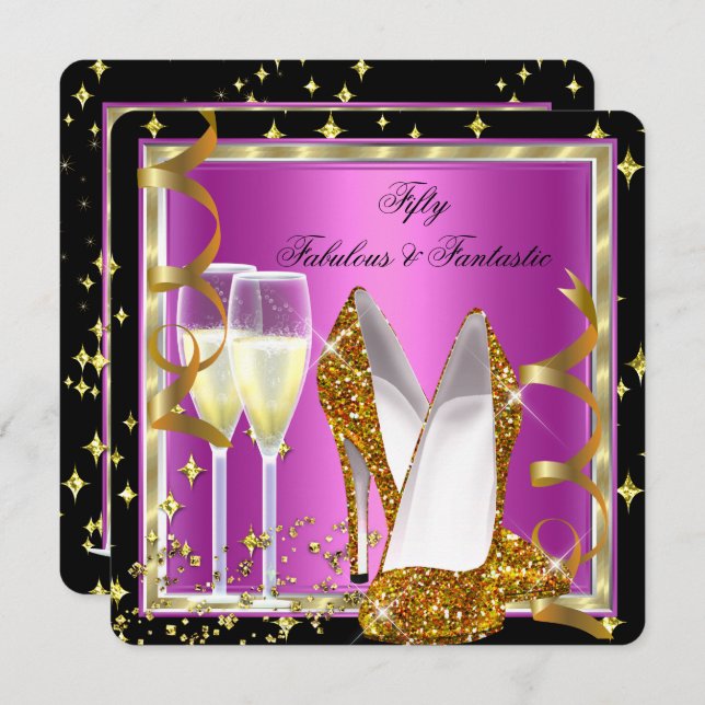 Fabulous 50 Fantastic Pink Black White Gold Party Invitation (Front/Back)