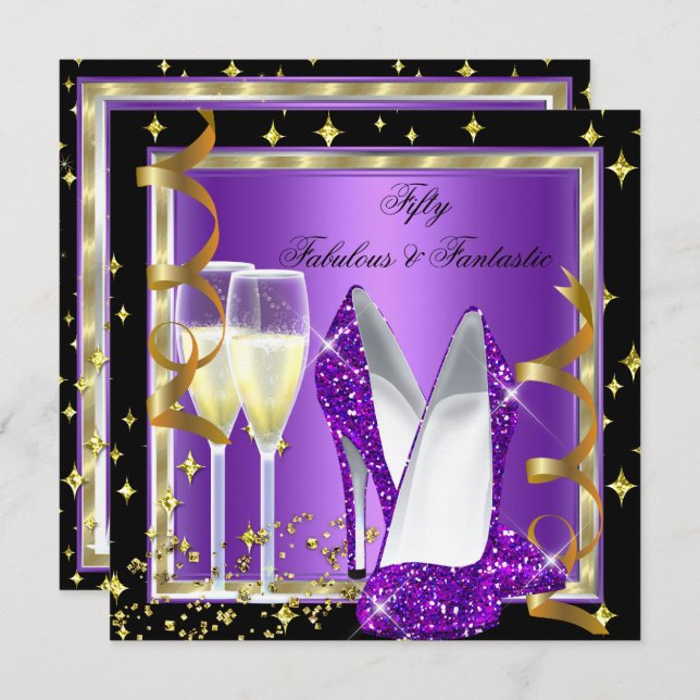 Fabulous 50 Fantastic Purple Black Gold Party 2 Invitation (Front/Back)