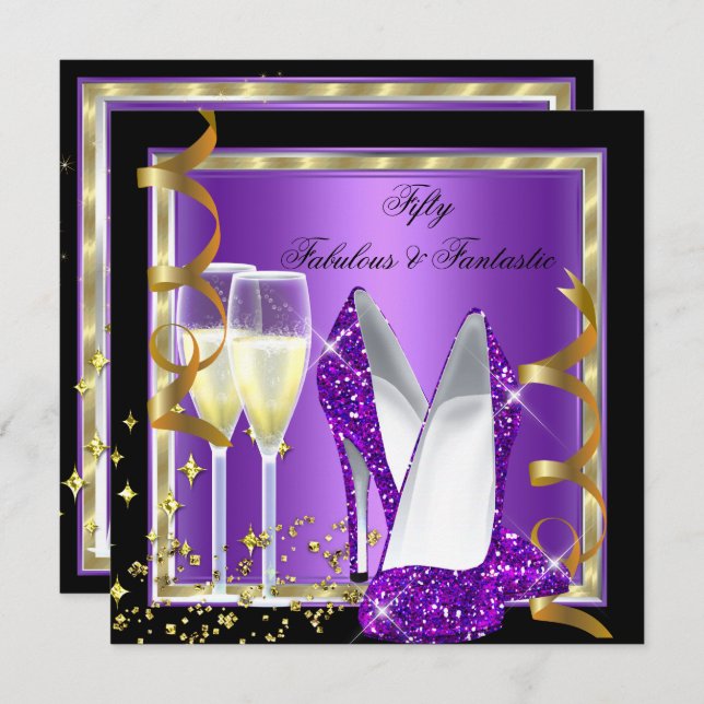 Fabulous 50 Fantastic Purple Black Gold Party Invitation (Front/Back)