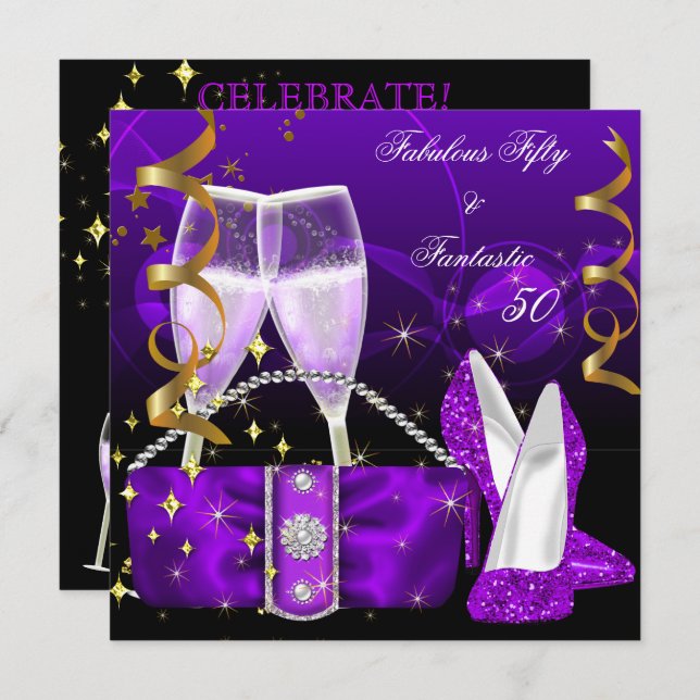 Fabulous 50 Fantastic Purple High Heels Glitter Invitation (Front/Back)