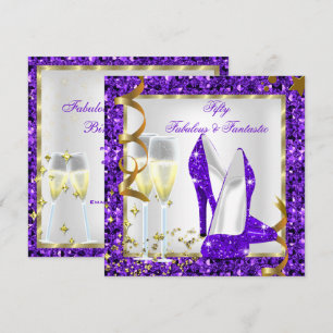 Fabulous 50 Fantastic Purple White Gold Birthday Invitation