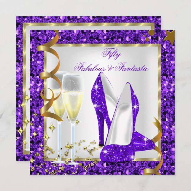 Fabulous 50 Fantastic Purple White Gold Birthday Invitation (Front/Back)