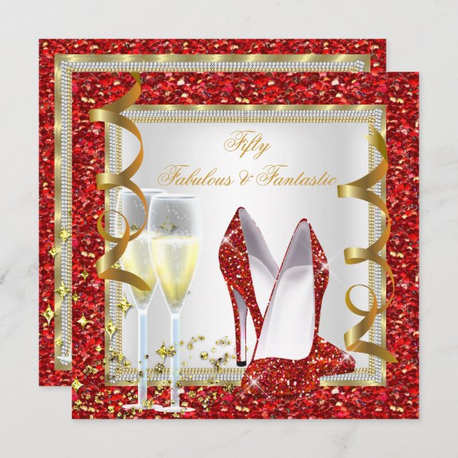 Fabulous 50 Fantastic Red White Gold Birthday 2 Invitation (Front/Back)