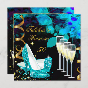 Fabulous 50 Fantastic Teal Gold Champagne Birthday Invitation