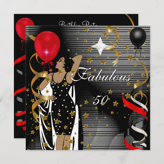 Fabulous 50 Fifty Birthday Party Black Red Stars 3 Invitation (Front/Back)