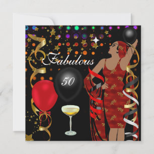 Fabulous 50 Fifty Diva Birthday Black Red Lights Invitation