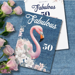 Fabulous 50 Flamingo Birthday Pink Floral Elegant  Invitation