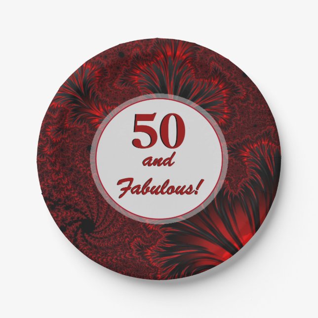 Fabulous 50 Glamourous Shiny Red Fractal Birthday  Paper Plate (Front)