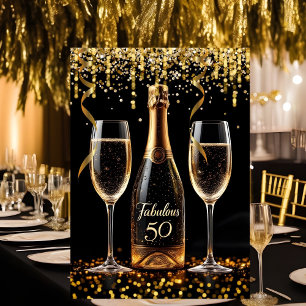 Fabulous 50 Glitter Gold Black Champagne Sparkle Invitation