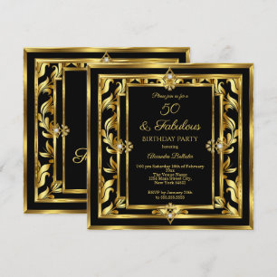Fabulous 50 Gold Black Damask Birthday Party Invitation
