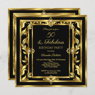 Fabulous 50 Gold Black Damask Birthday Party Invitation