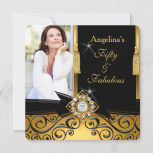 Fabulous 50 Gold Black Damask Photo Birthday Party Invitation