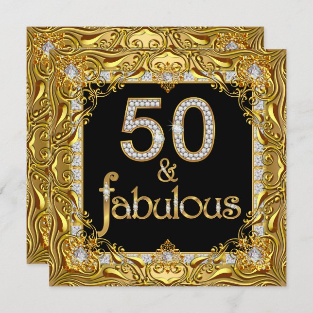 Fabulous 50 Gold Diamond on Black Birthday Party Invitation (Front/Back)