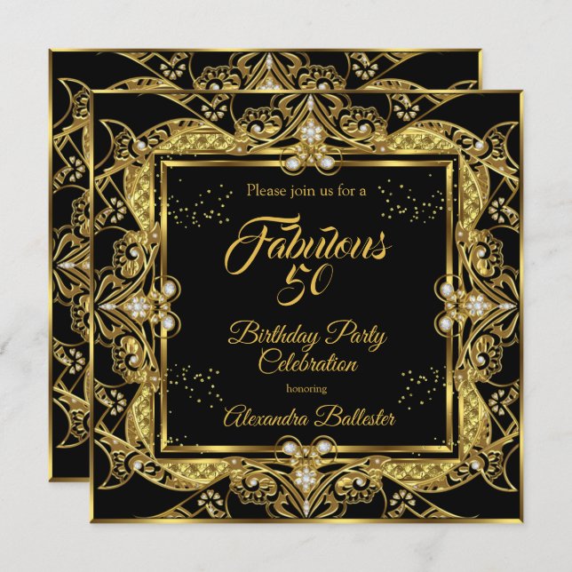 Fabulous 50 Gold Jewel Black Birthday Party Invitation (Front/Back)