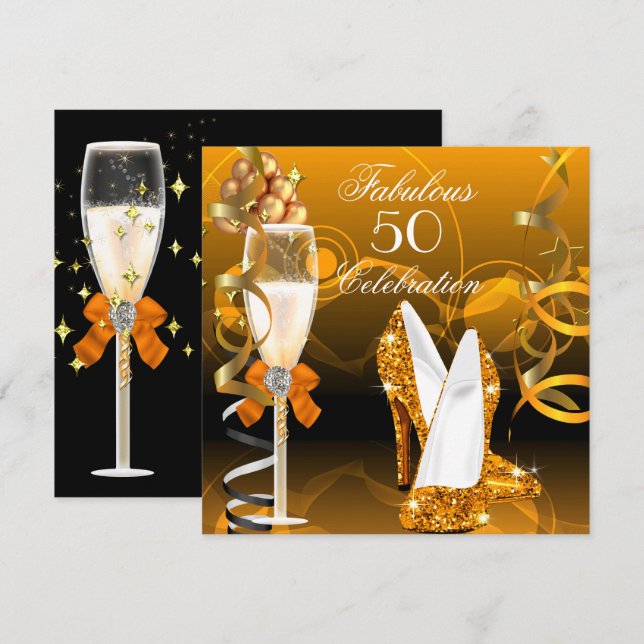 Fabulous 50 Gold Orange Birthday Party Invitation (Front/Back)