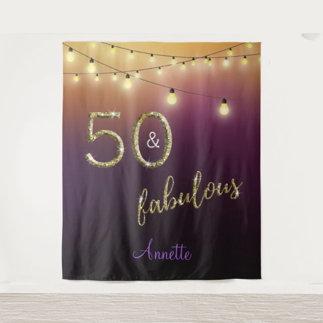Fabulous 50 Gold Purple Lights Photo Backdrop Tapestry (Front)