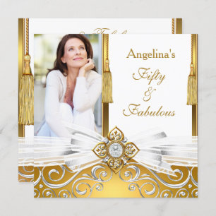 Fabulous 50 Gold White Damask Photo Birthday Party Invitation