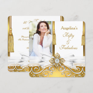 Fabulous 50 Gold White Damask Photo Birthday Party Invitation
