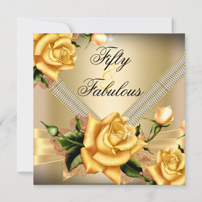 Fabulous 50 Gold Yellow Rose Floral Birthday Party Invitation (Front)