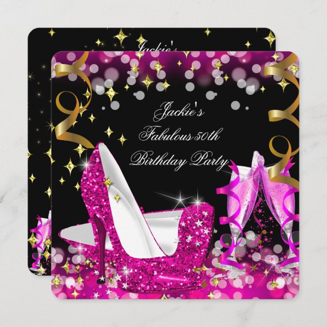 Fabulous 50 Hot Pink Glitter High Heel Birthday 2 Invitation (Front/Back)