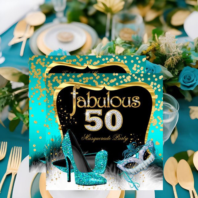 Fabulous 50 Masquerade Party Teal Gold Invitation (Creator Uploaded)
