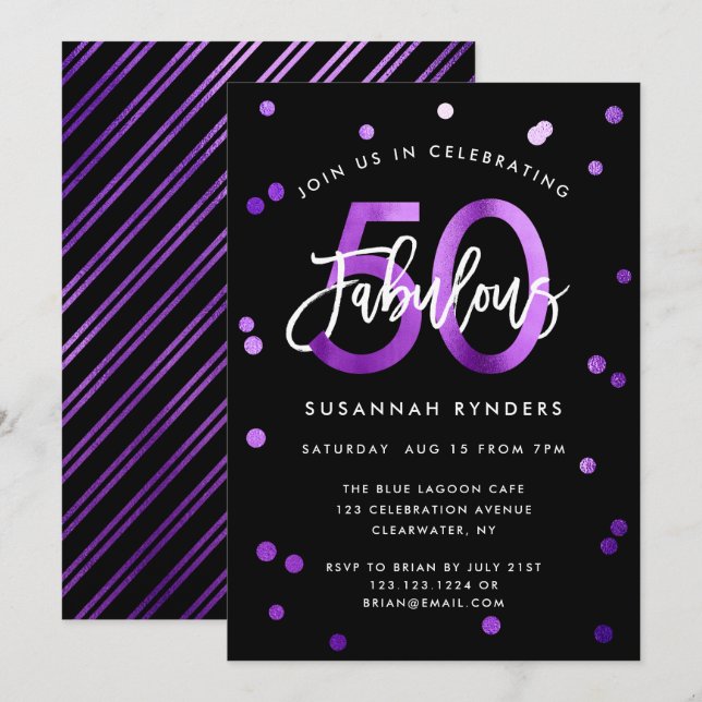 Fabulous 50 | Modern Chic Purple Brushed Birthday Invitation (Front/Back)
