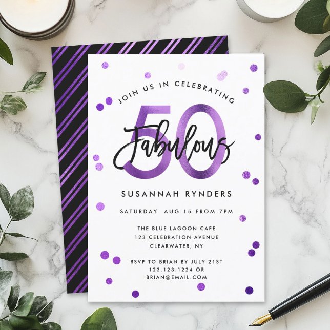 Fabulous 50 | Modern Elegant Purple Brush Birthday Invitation (Creator Uploaded)