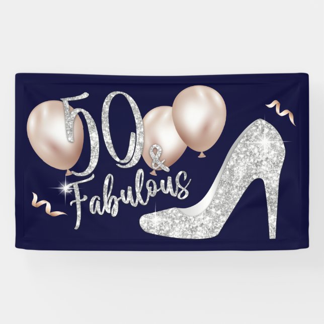 Fabulous 50 Modern Navy Blue Girl 50th Birthday Banner (Horizontal)