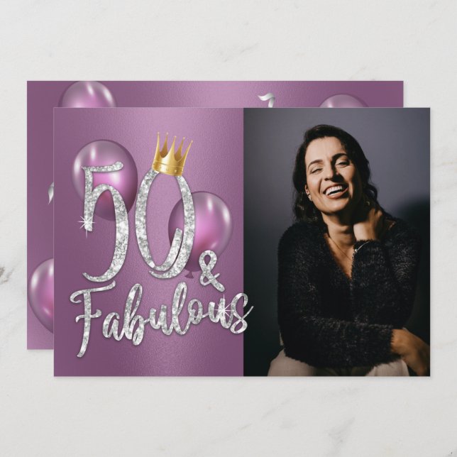 Fabulous 50 Modern Purple Girl Photo 50th Birthday Invitation (Front/Back)