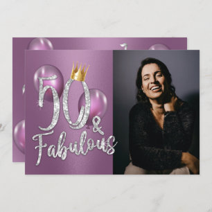Fabulous 50 Modern Purple Girl Photo 50th Birthday Invitation