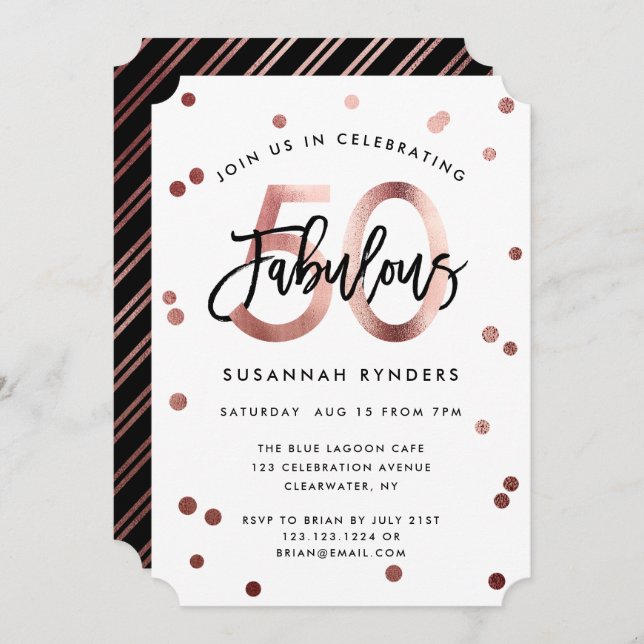 Fabulous 50 | Modern Rose Gold Brushed Birthday Invitation (Front/Back)