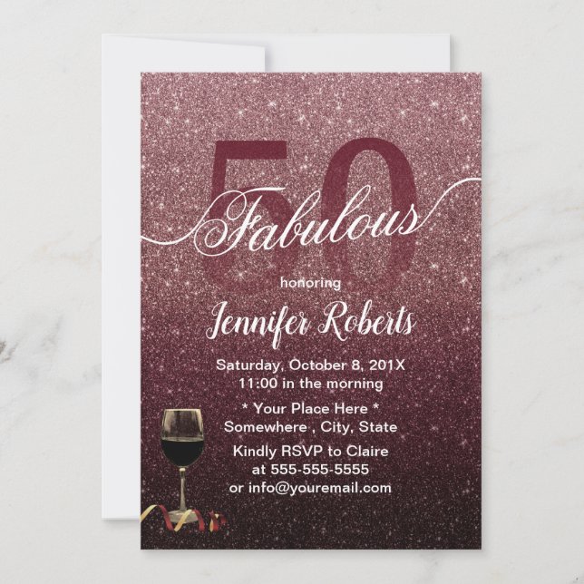 Fabulous 50 Modern Rose Gold & Burgundy Birthday Invitation (Front)