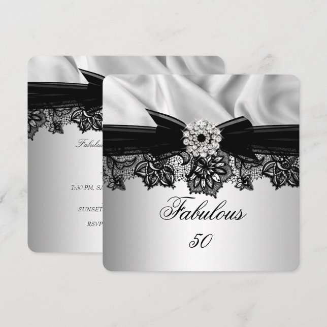 Fabulous 50 Party Elegant Silver Black Silk Jewel Invitation (Front/Back)